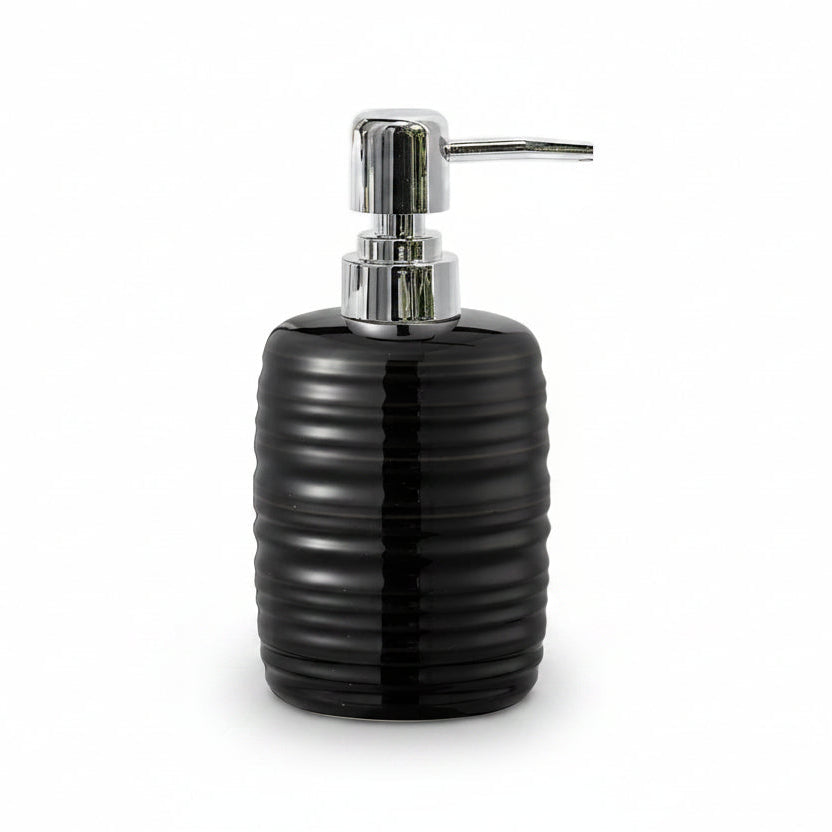 A glossy black ribbed cylindrical dispenser bottle with a polished silver chrome pump, shown against a solid white background.