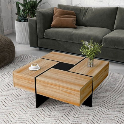 Wooden coffee table with a cup and vase in a living room setting