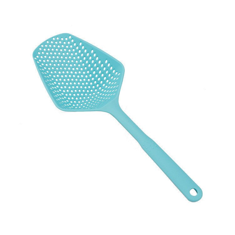 Nylon kitchen scoop colander with ergonomic handle and fine mesh for straining, scooping, and serving hot foods and liquids.