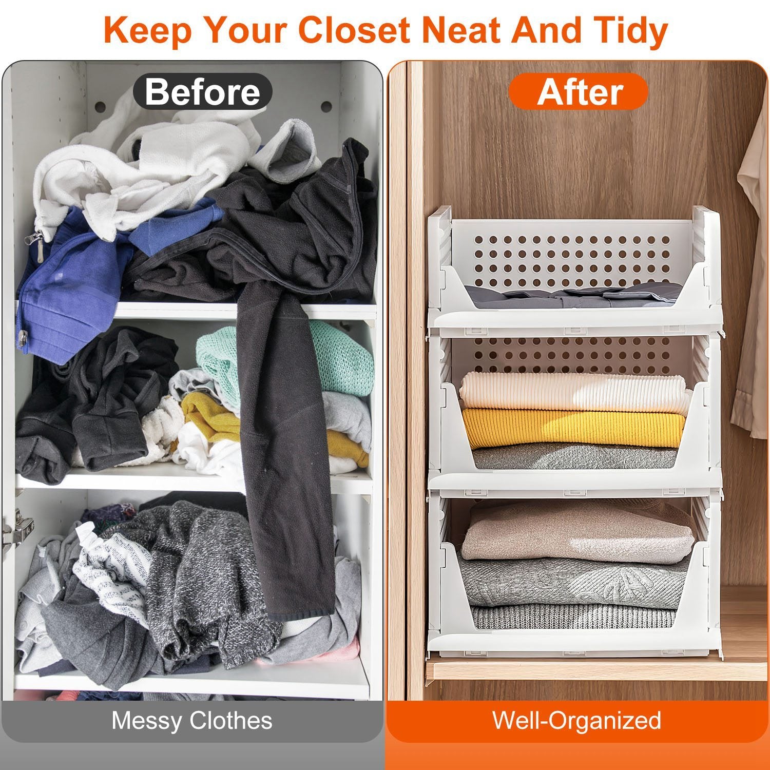 Before and after comparison of a closet with messy clothes and well-organized shelves.