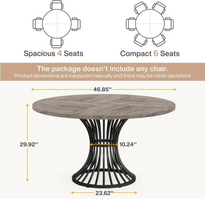 Round dining table with dimensions and seating capacity information on a white background