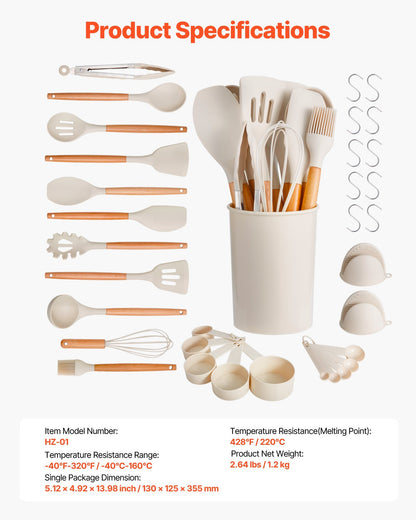 Set of kitchen utensils including spatulas, whisks, and measuring cups with product specifications on a white background.