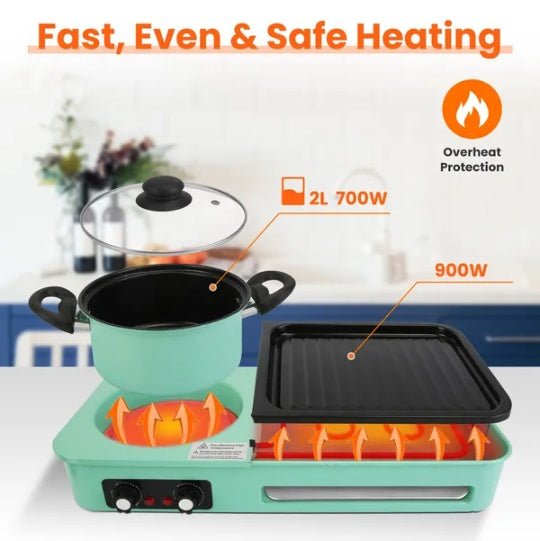 Portable stove with heating elements and pot on a white background, featuring text about fast, even, and safe heating.