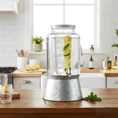 2-Gallon Glass Beverage Dispenser with Galvanized Base