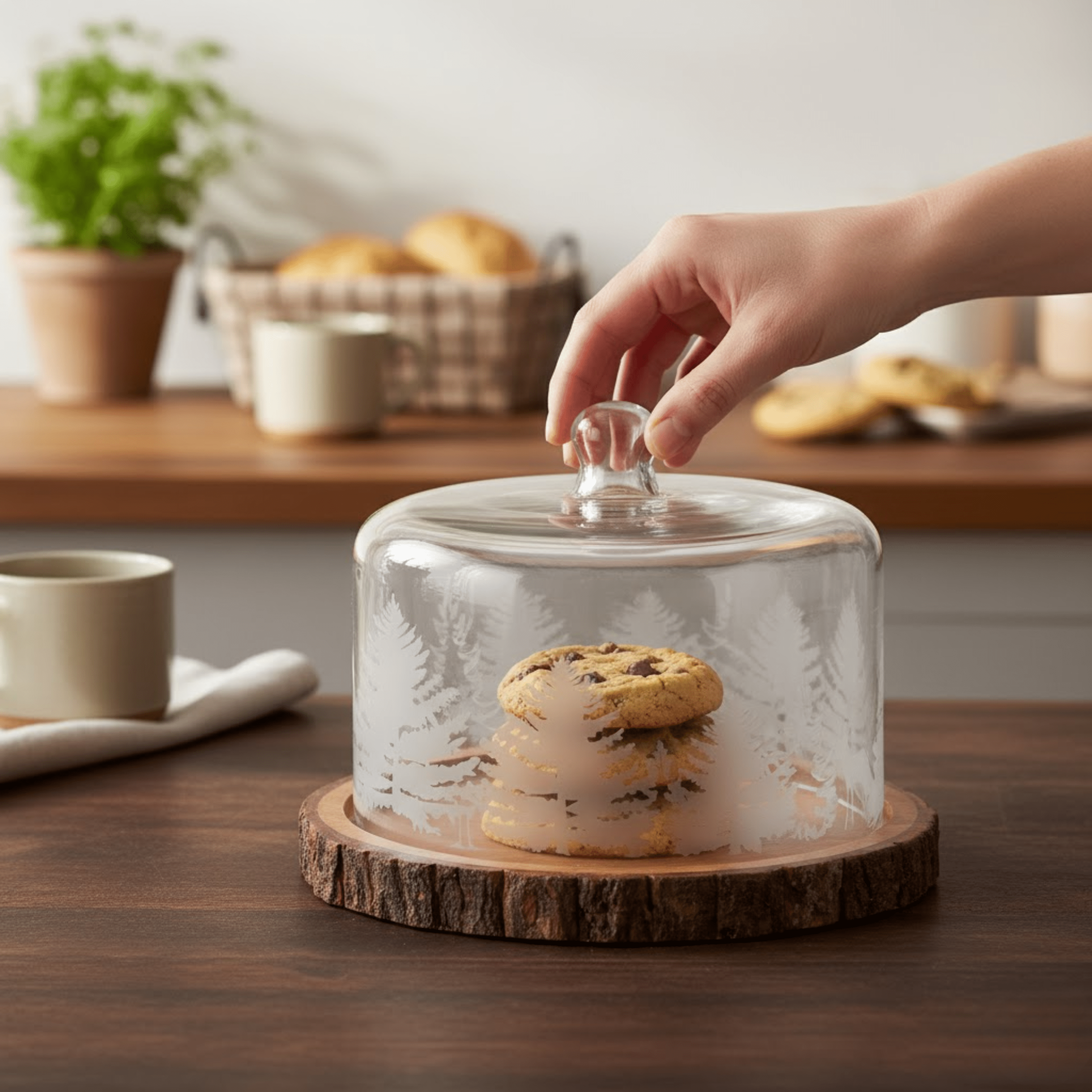 Hand closing a glass lid on a dessert with cookies inside, set on a wooden surface.