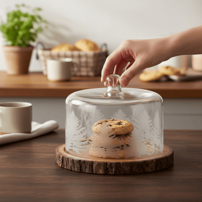 Hand closing a glass lid on a dessert with cookies inside, set on a wooden surface.