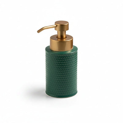 Green lotion bottle with gold pump and dimensions on a white background