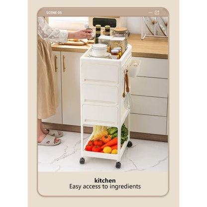 Kitchen trolley with ingredients on a kitchen floor, labeled 'Easy access to ingredients'.