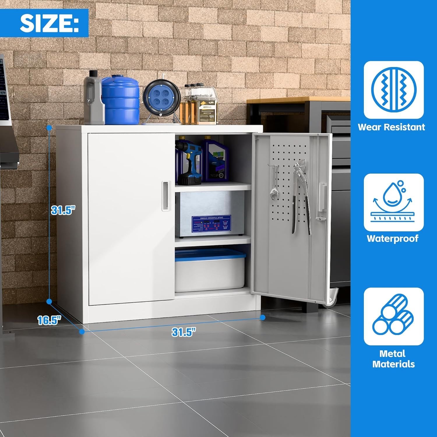 White storage cabinet with open door showing contents, measurements, and feature icons on a tiled floor.