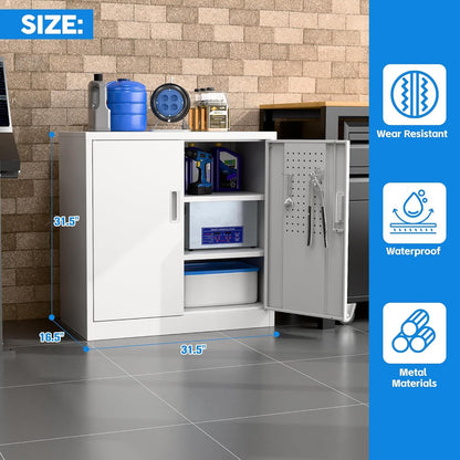 White storage cabinet with open door showing contents, measurements, and feature icons on a tiled floor.