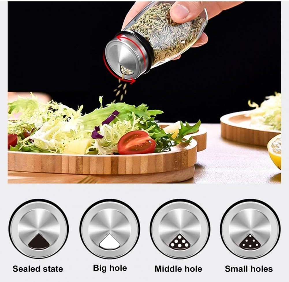 Person seasoning salad with a salt shaker, followed by five labeled images of different-sized holes.