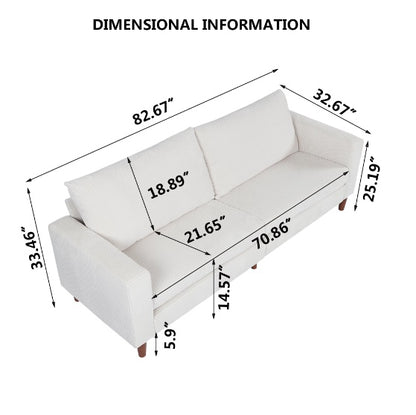 White sofa with dimensions labeled on a white background
