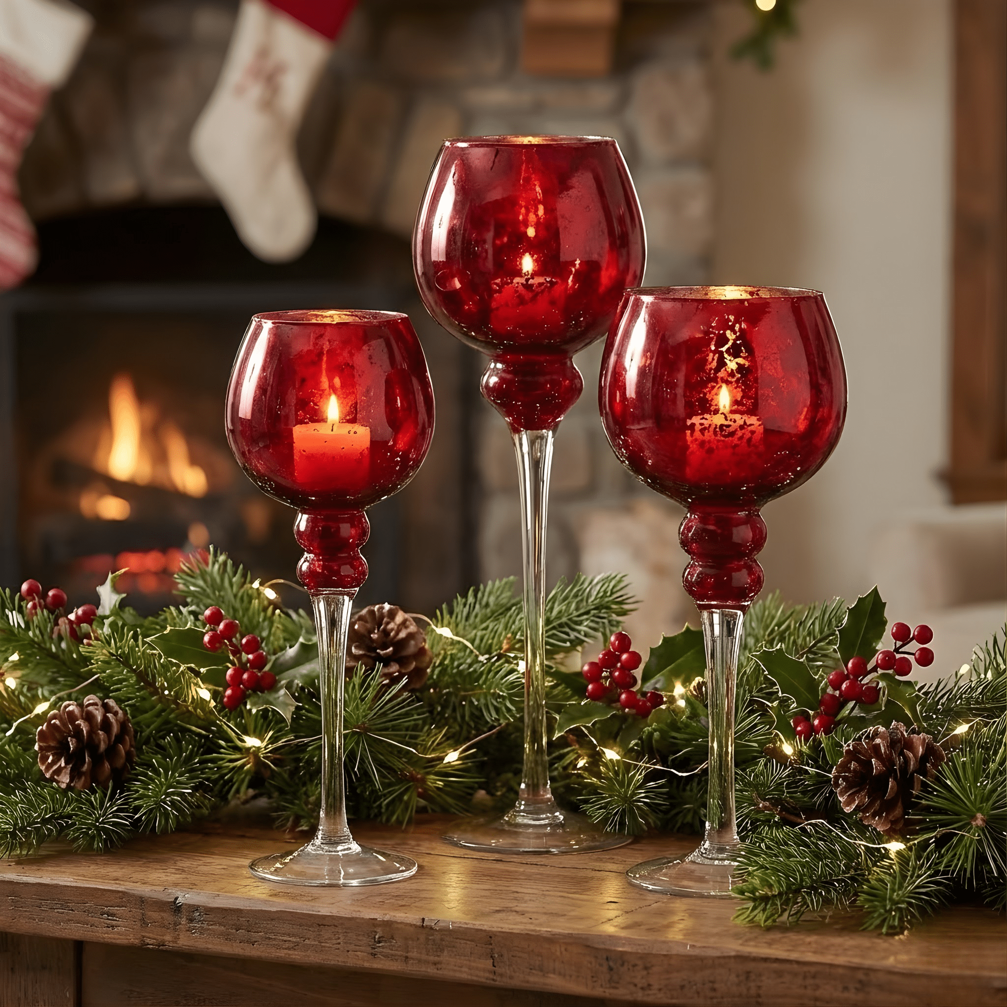 Red Mercury Glass Candle Holder Set