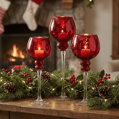 Red Mercury Glass Candle Holder Set