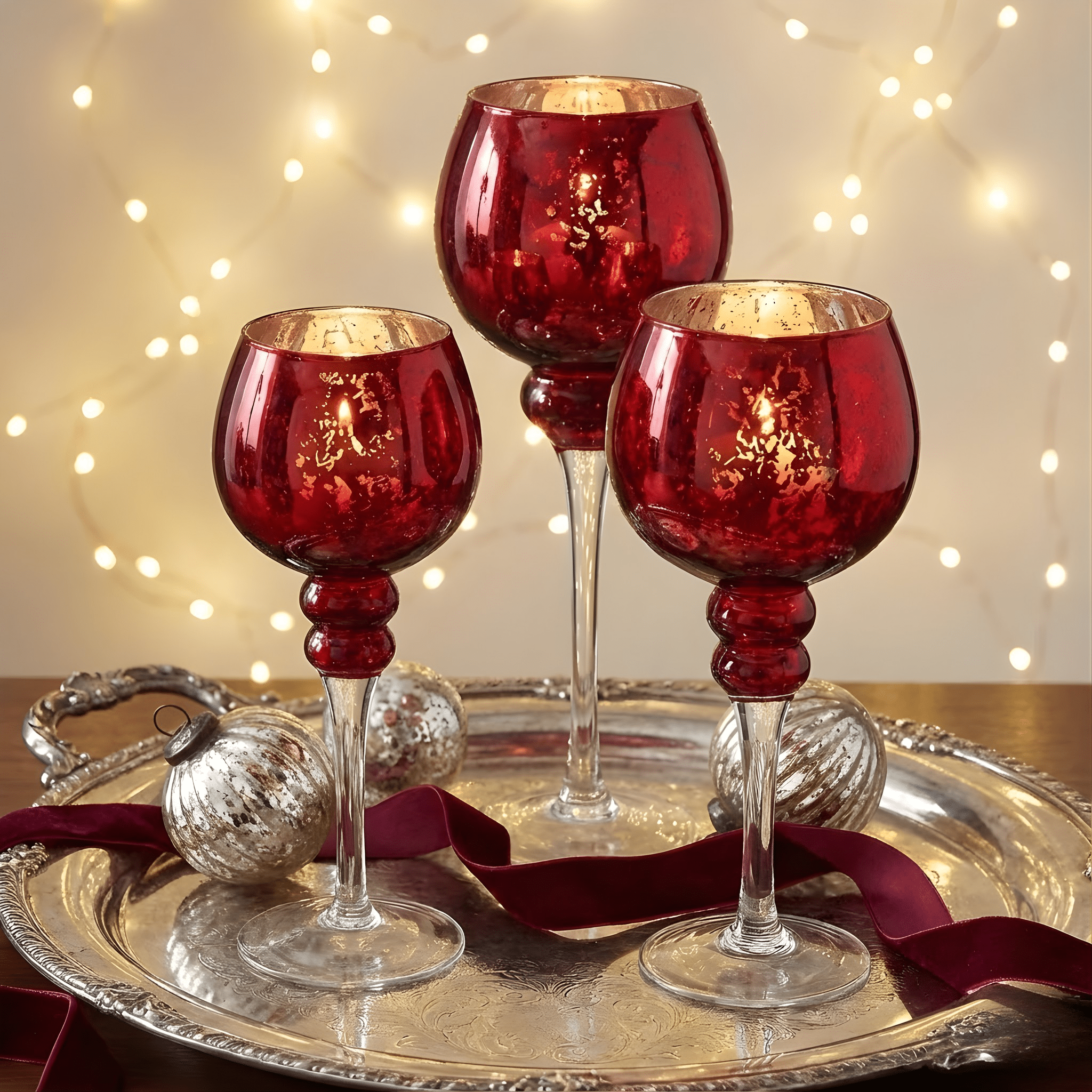 Red Mercury Glass Candle Holder Set