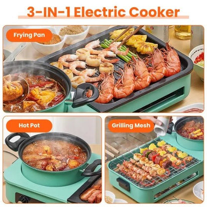 3-in-1 electric cooker with frying pan, hot pot, and grilling mesh functions.