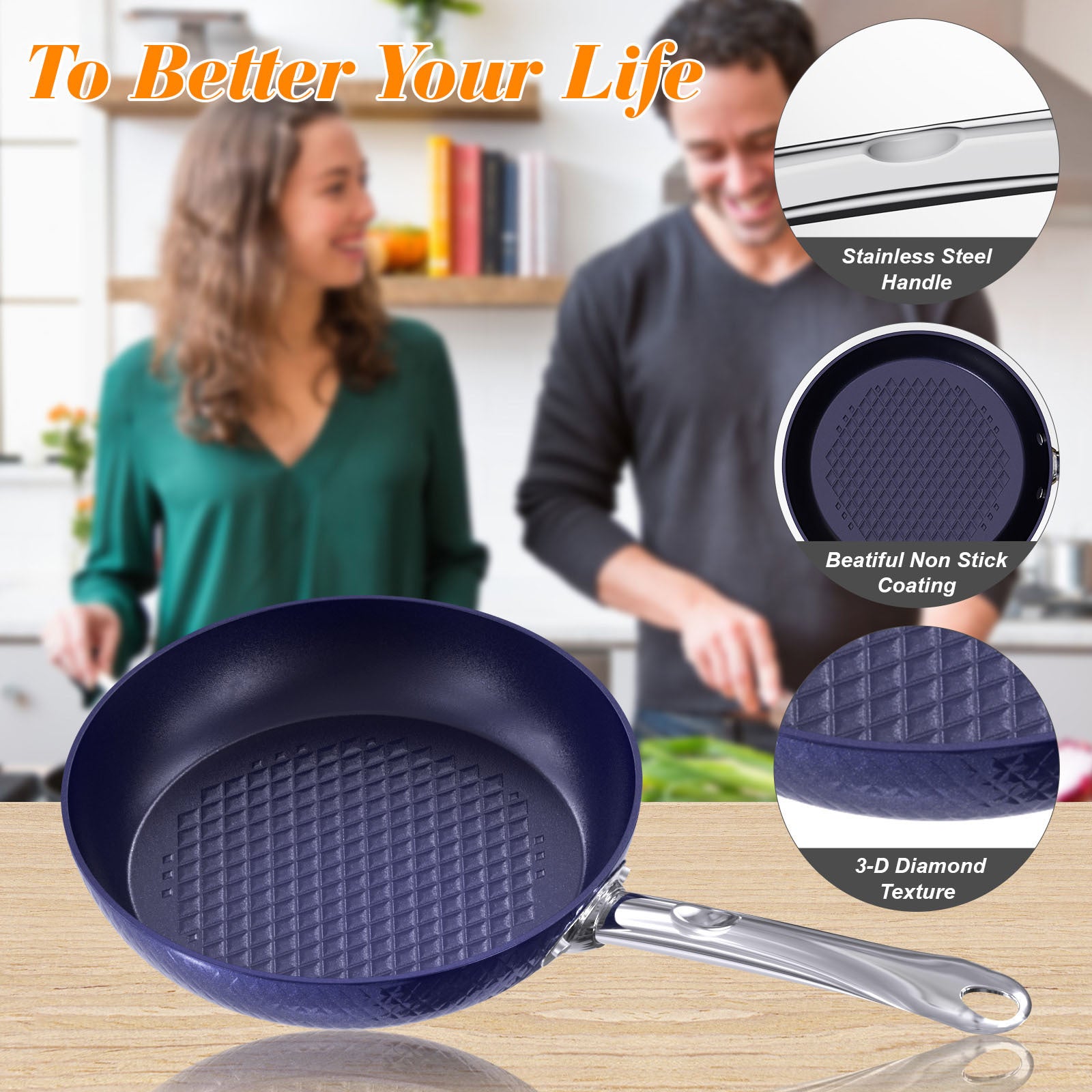 Blue Frying Pan 3 Piece Set Non Stick