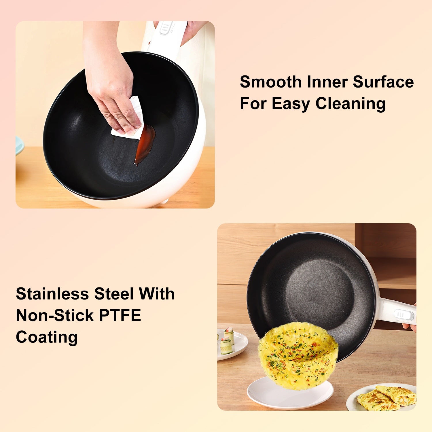 Black frying pan with text about smooth inner surface, stainless steel, and non-stick PTFE coating.