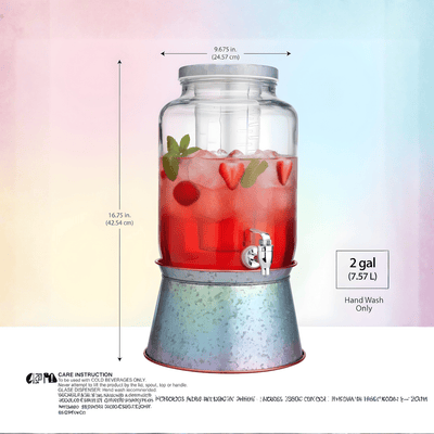 2-Gallon Glass Beverage Dispenser with Galvanized Base