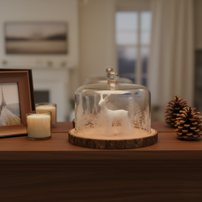 Decorative display with a glass dome over a white deer figurine on a wooden surface.