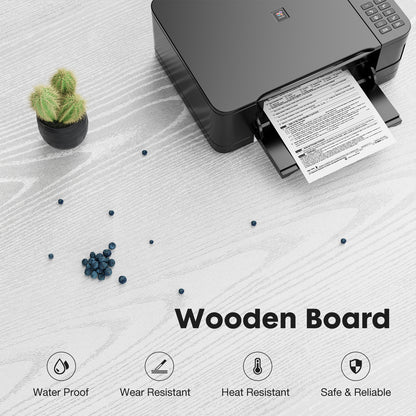 Printer on a wooden board with text highlighting features