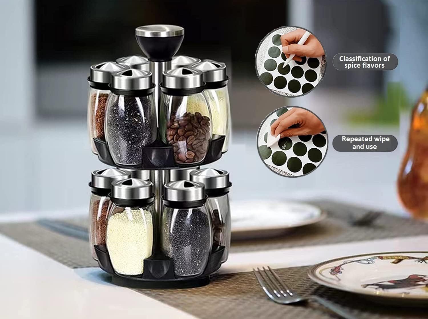 Spice rack with glass containers on a table setting