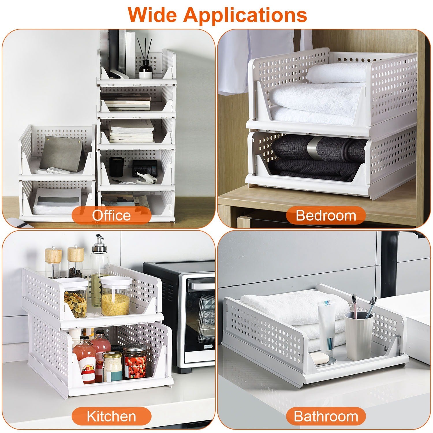 Collage of a white storage organizer in various settings labeled for office, bedroom, kitchen, and bathroom.