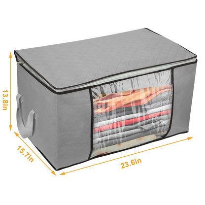 Gray storage bag with a clear window showing folded clothes, with dimensions indicated.