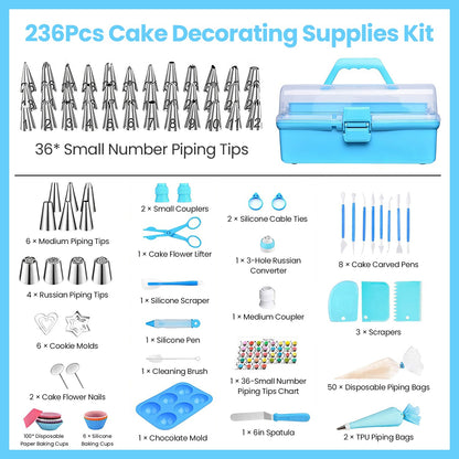 Cake decorating supplies kit with various tools and accessories on a blue background