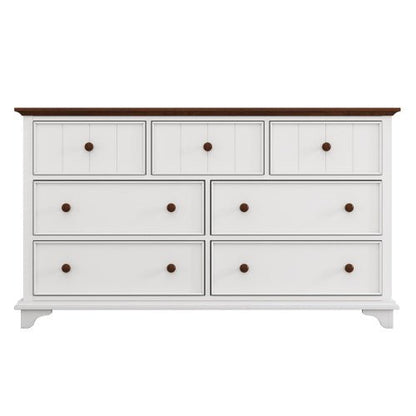 White dresser with brown accents on a white background