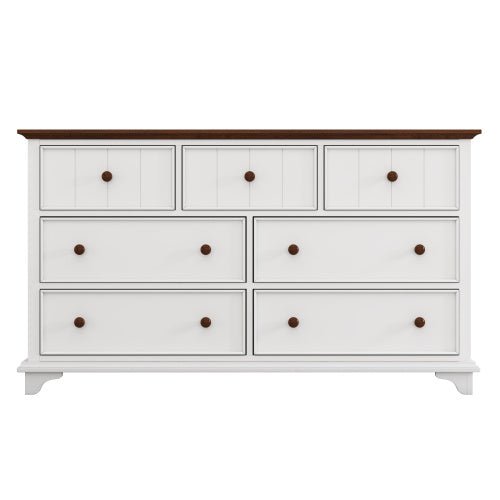 White dresser with brown accents on a white background