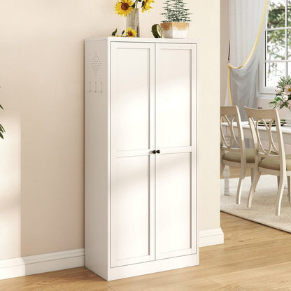White storage cabinet in a room with a dining table and chairs.