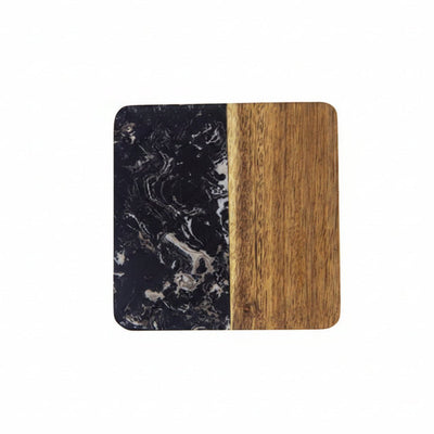 Square cutting board with black marble and wooden surface on a white background