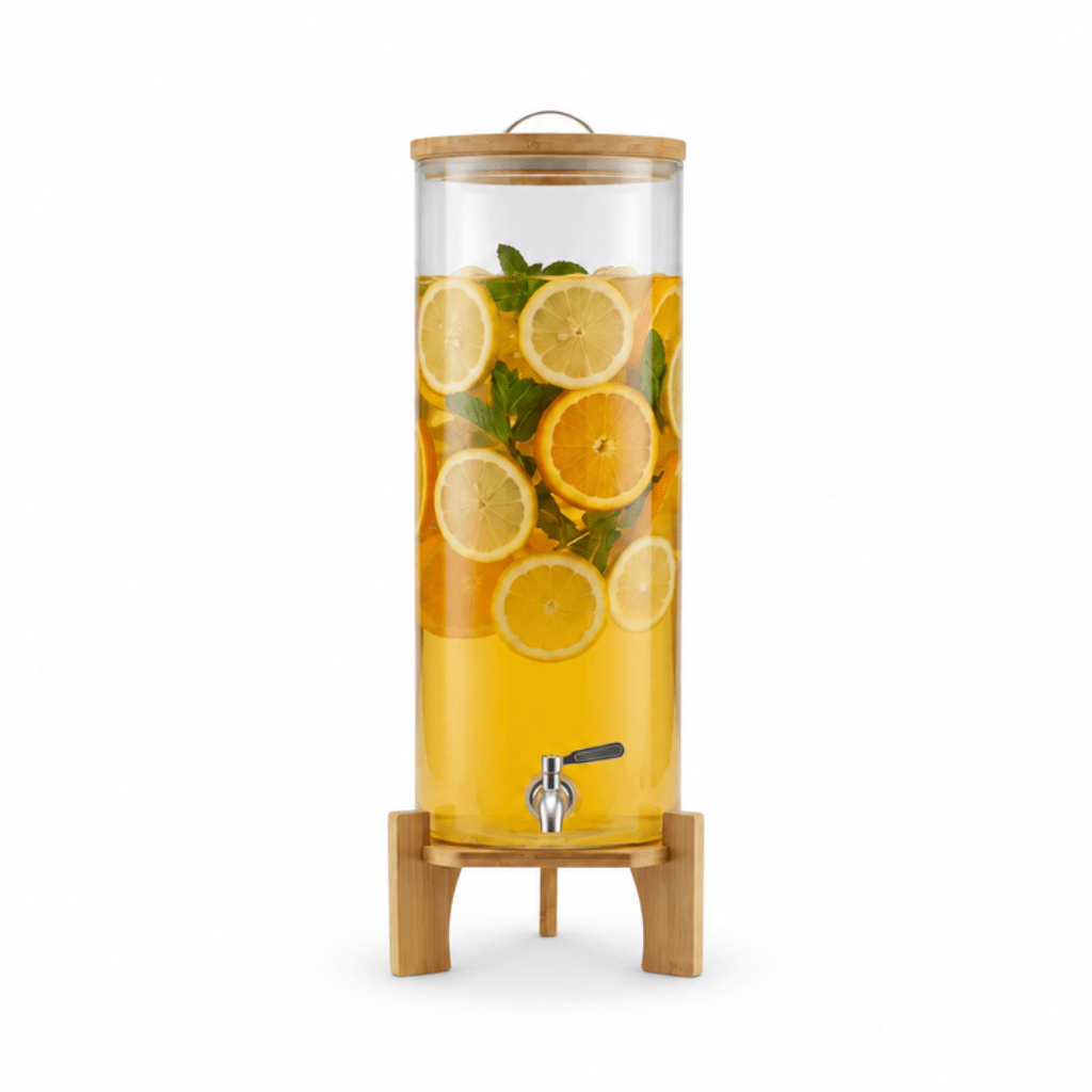 Front view of a glass drink dispenser with citrus slices, stainless steel spigot, and wood stand

