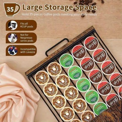 Coffee pod organizer with various coffee pods on a wooden surface