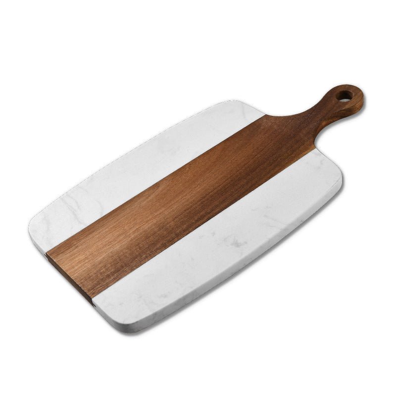 Marble cutting board with wooden handle on a white background