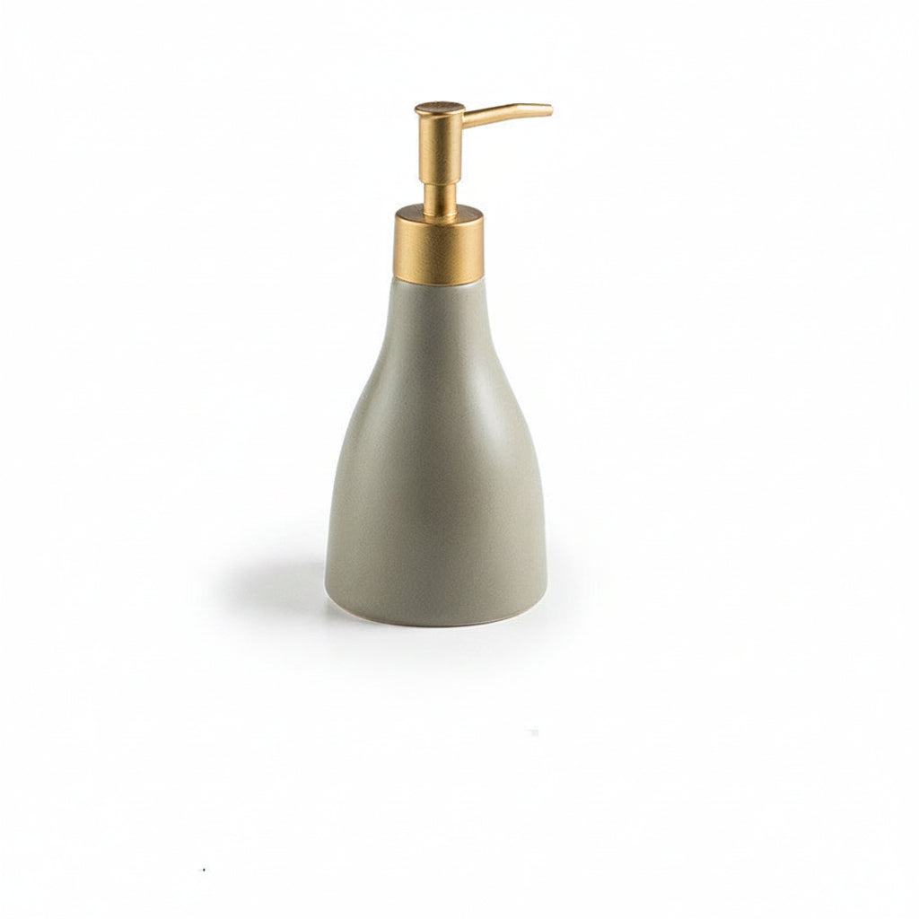 Gray soap dispenser with gold pump and measurements on a white background