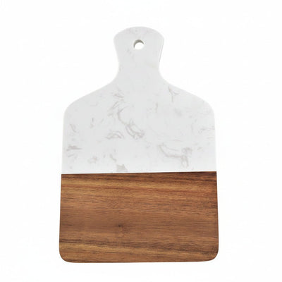 Two marble and wood cutting boards on a white background