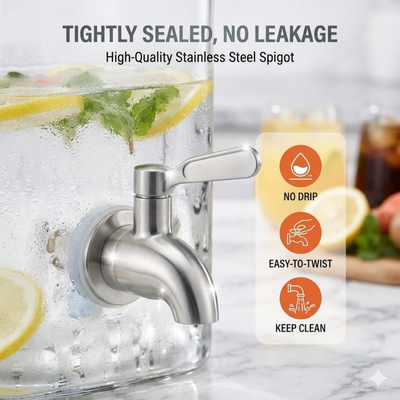 Stainless steel spigot with lemon slices and drinks in the background, emphasizing features like no drip, easy-to-twist, and keep clean.