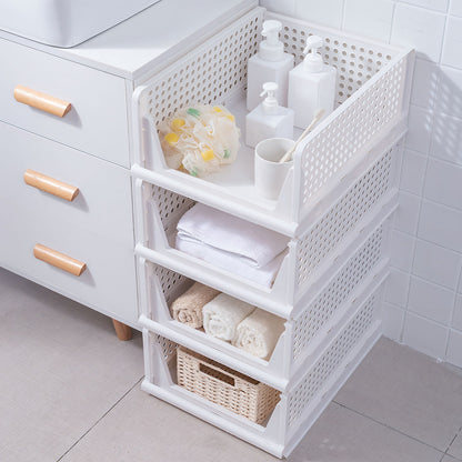 White woven storage basket with shelves in a bathroom setting.