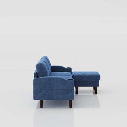 Blue sofa with matching ottoman on a white background