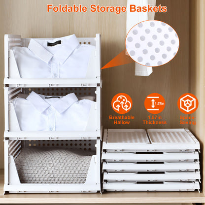 Foldable storage baskets with a stack of folded clothes and text highlighting features.