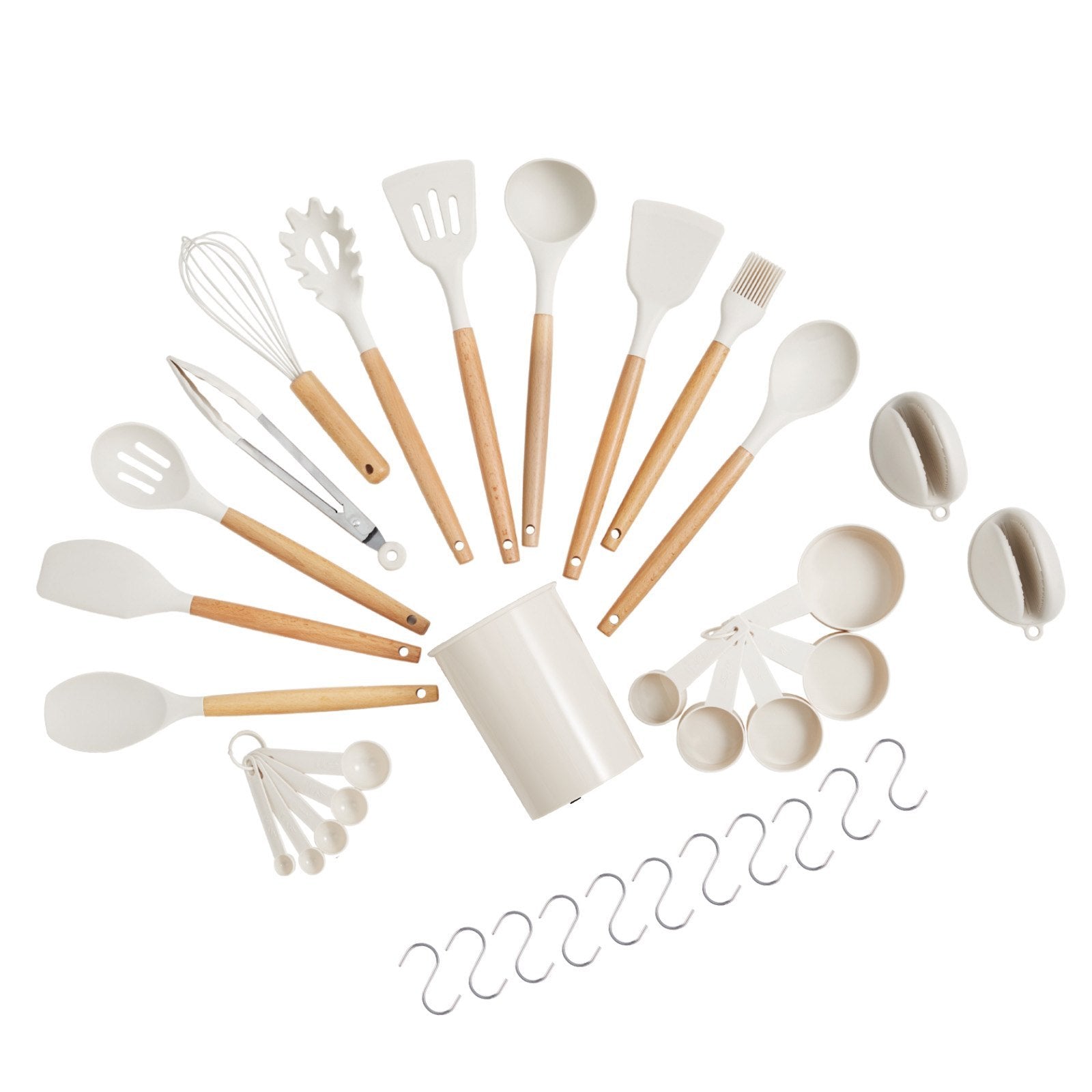 Set of kitchen utensils with wooden handles on a white background