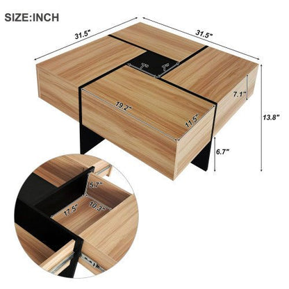 Wooden coffee table with dimensions labeled on a white background