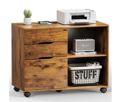 Wooden sideboard with drawers, printer, and other items on a white background