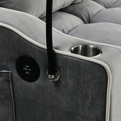 Gray upholstered chair with cup holder and USB charging port