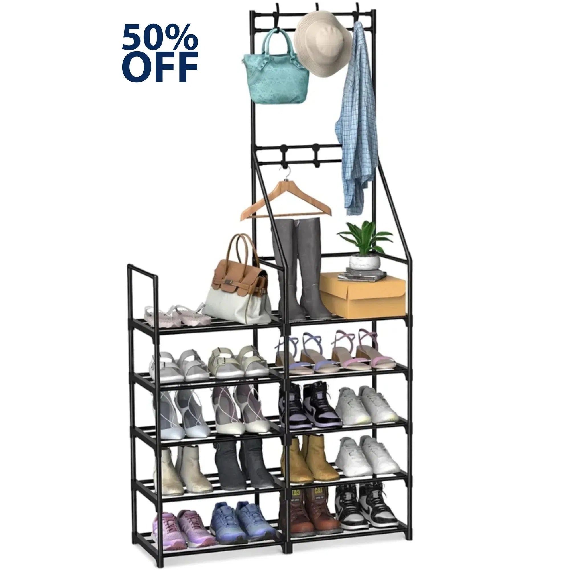 Multi-tiered shoe rack with shoes, bags, and a hat on a white background with '50% OFF' text.
