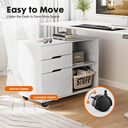 White office desk with storage drawers and swivel caster feature, in a home office setting.