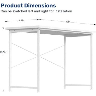 White L-shaped desk with dimensions labeled on a white background