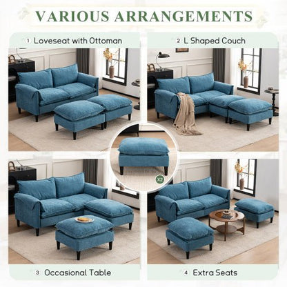 Collage of blue sofa arrangements with ottomans and a table in a living room setting.